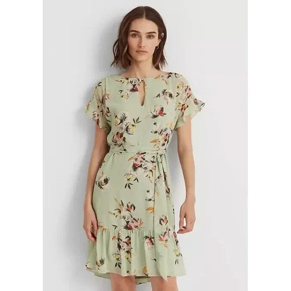 Lauren Ralph Lauren Floral Crinkled Georgette Dress sage green Size 14 NEW